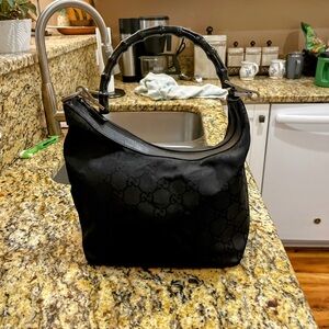EUC Authentic Vintage Gucci GG Nylon Handbag with Bamboo Strap.